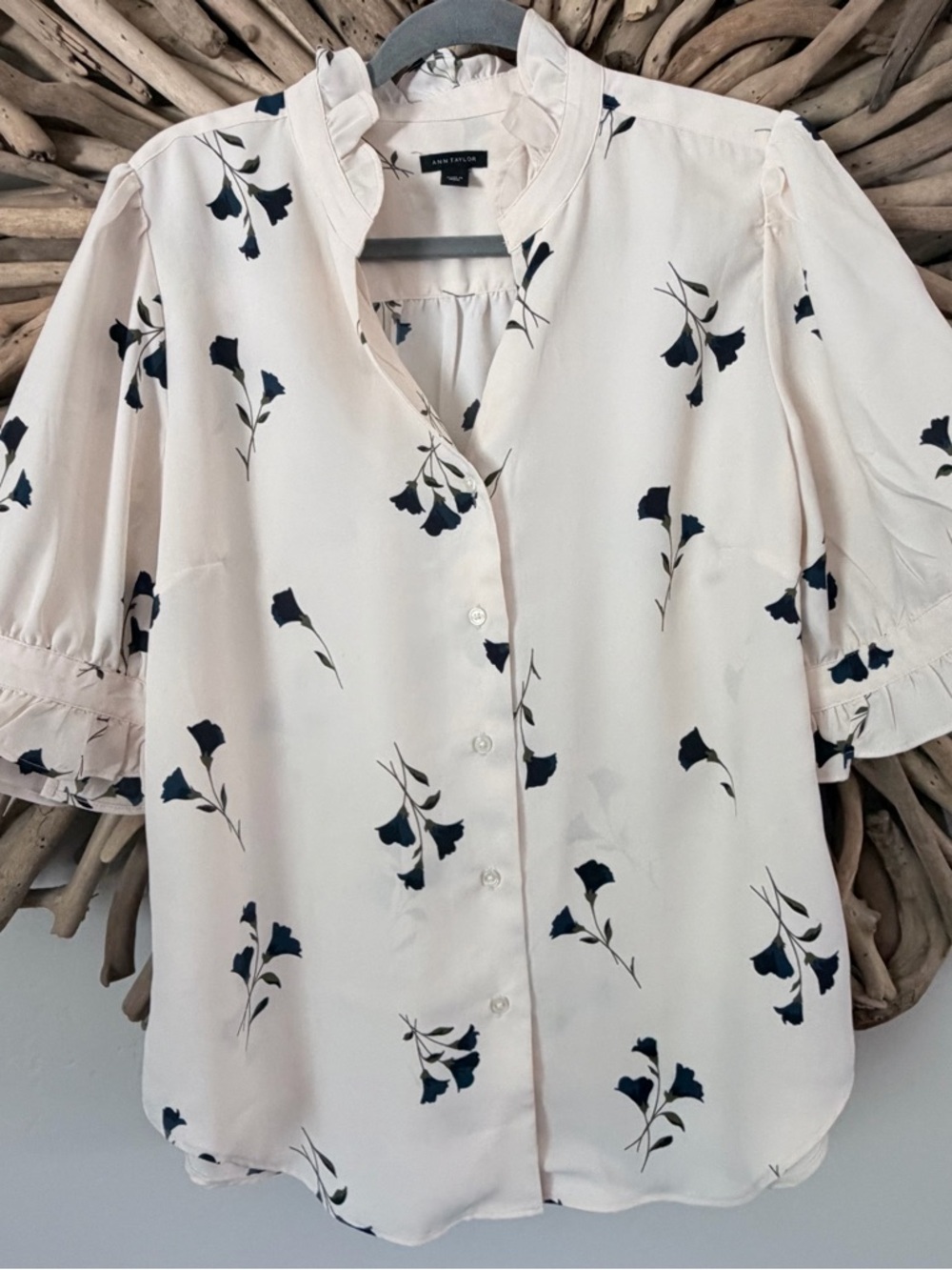 Ann Taylor Cream Blouse with Navy Floral Print - Picture 2 of 5